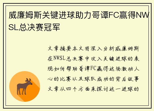 威廉姆斯关键进球助力哥谭FC赢得NWSL总决赛冠军